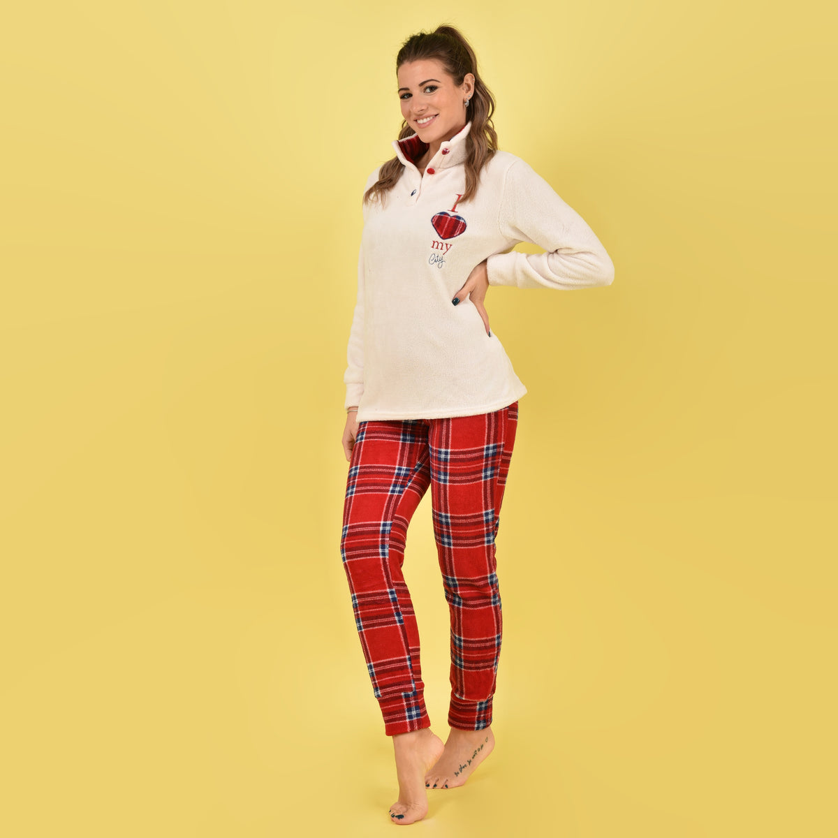 Pigiama donna invernale coral fantasia tartan rosso e panna Karelpiù SE3466