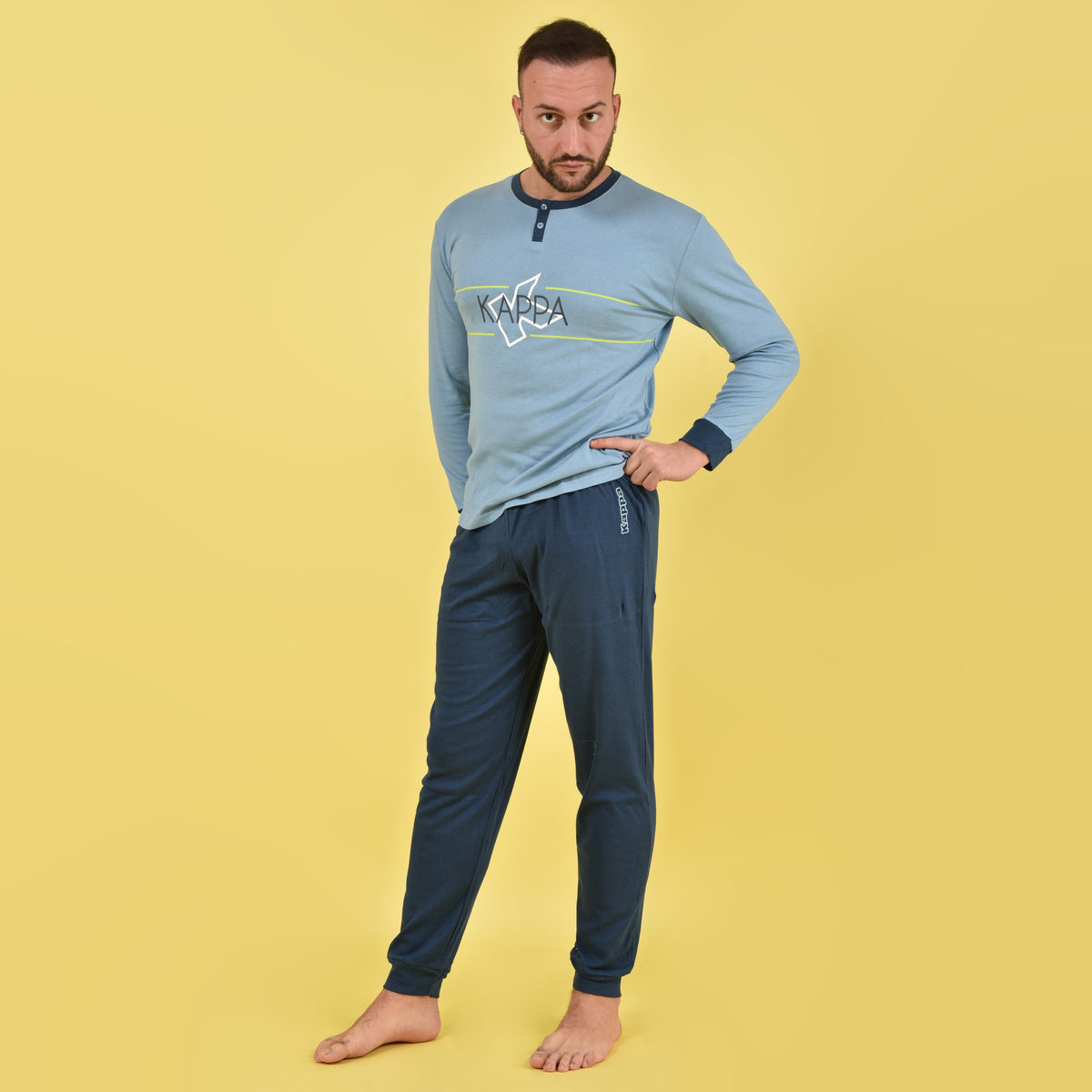 Pigiama uomo interlock caldo invernale celeste sportivo avio 22103