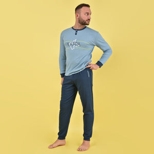 Pigiama uomo interlock caldo invernale celeste sportivo avio 22103