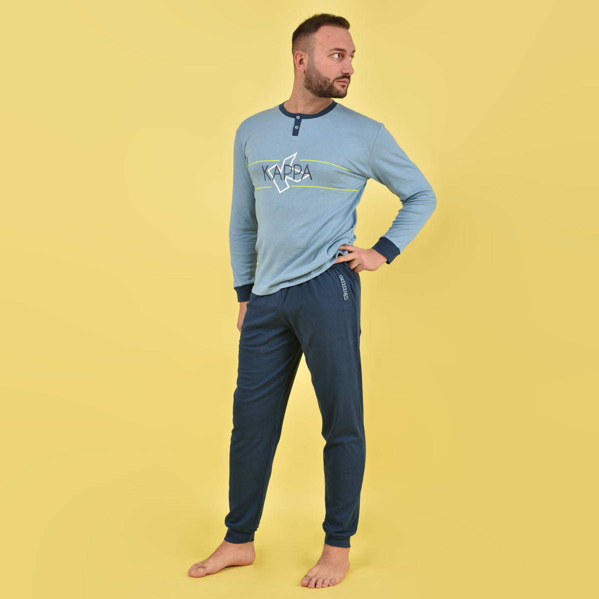 Pigiama uomo interlock caldo invernale celeste sportivo avio 22103
