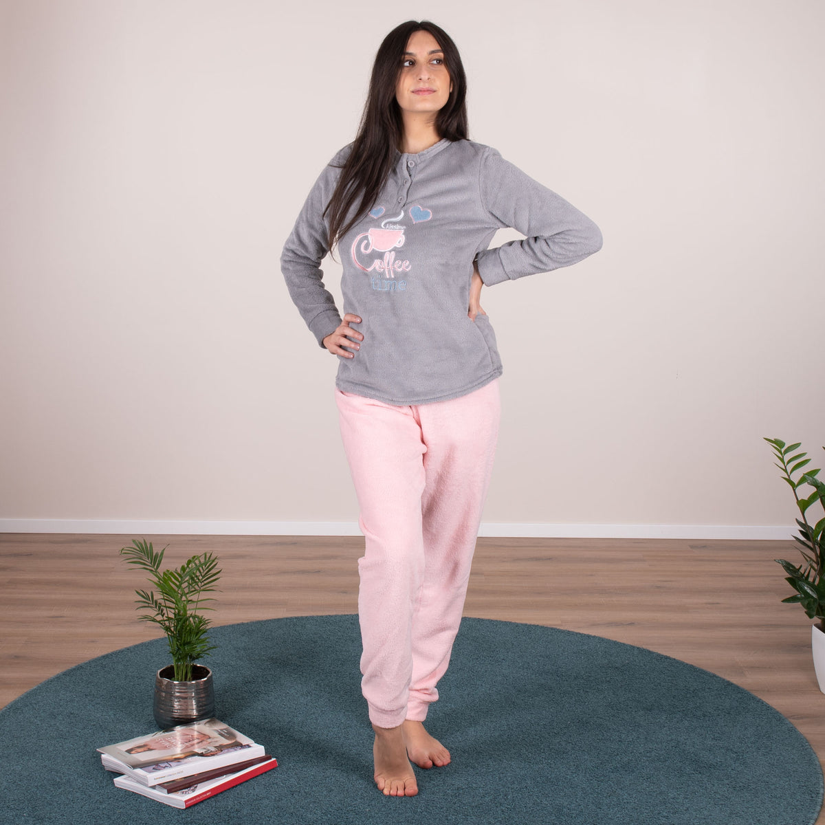 Pigiama donna in coral Biancaluna 33005 rosa grigio coffee time