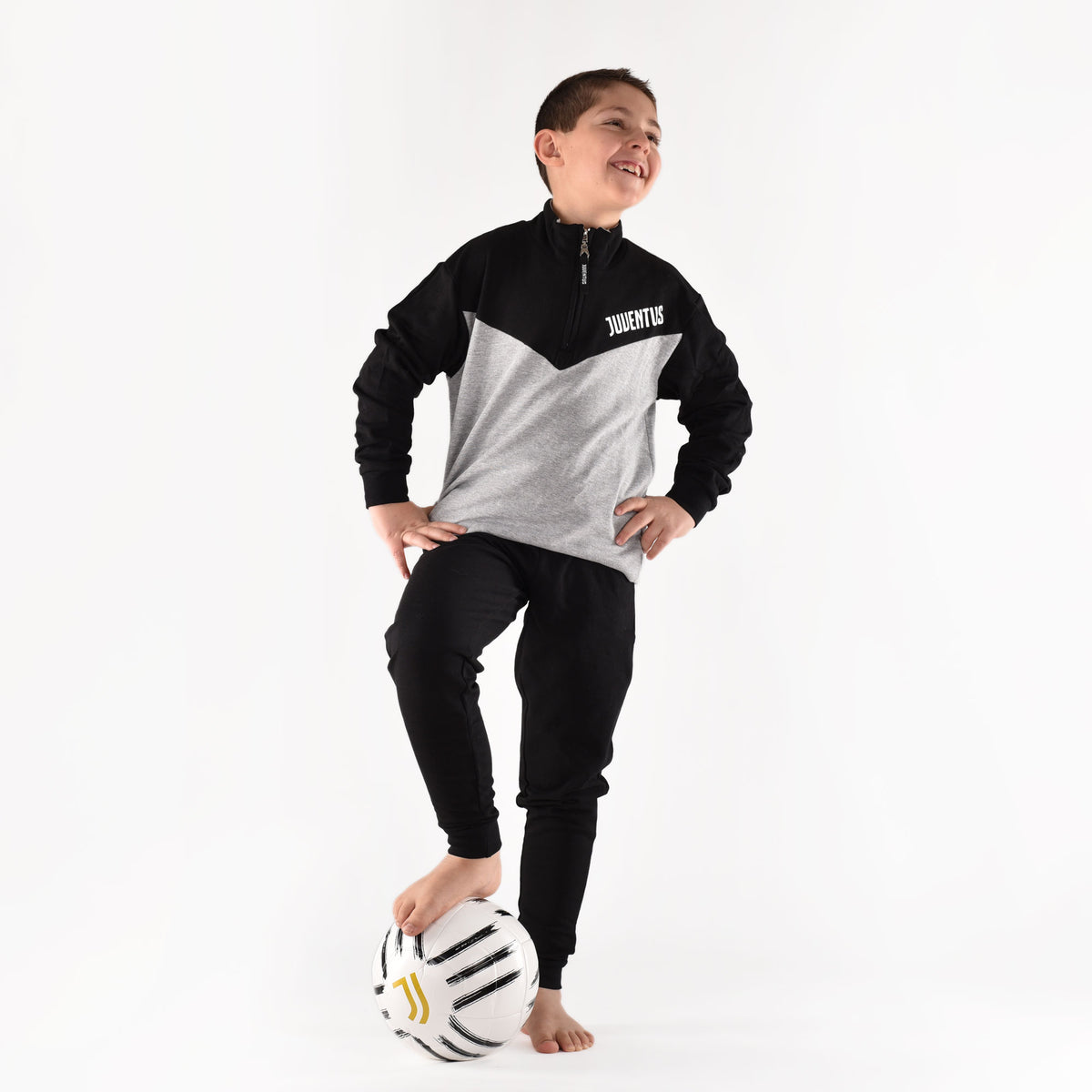Pigiama tuta bambino Juventus mezza zip cotone felpato B2JU15117 grigio melange