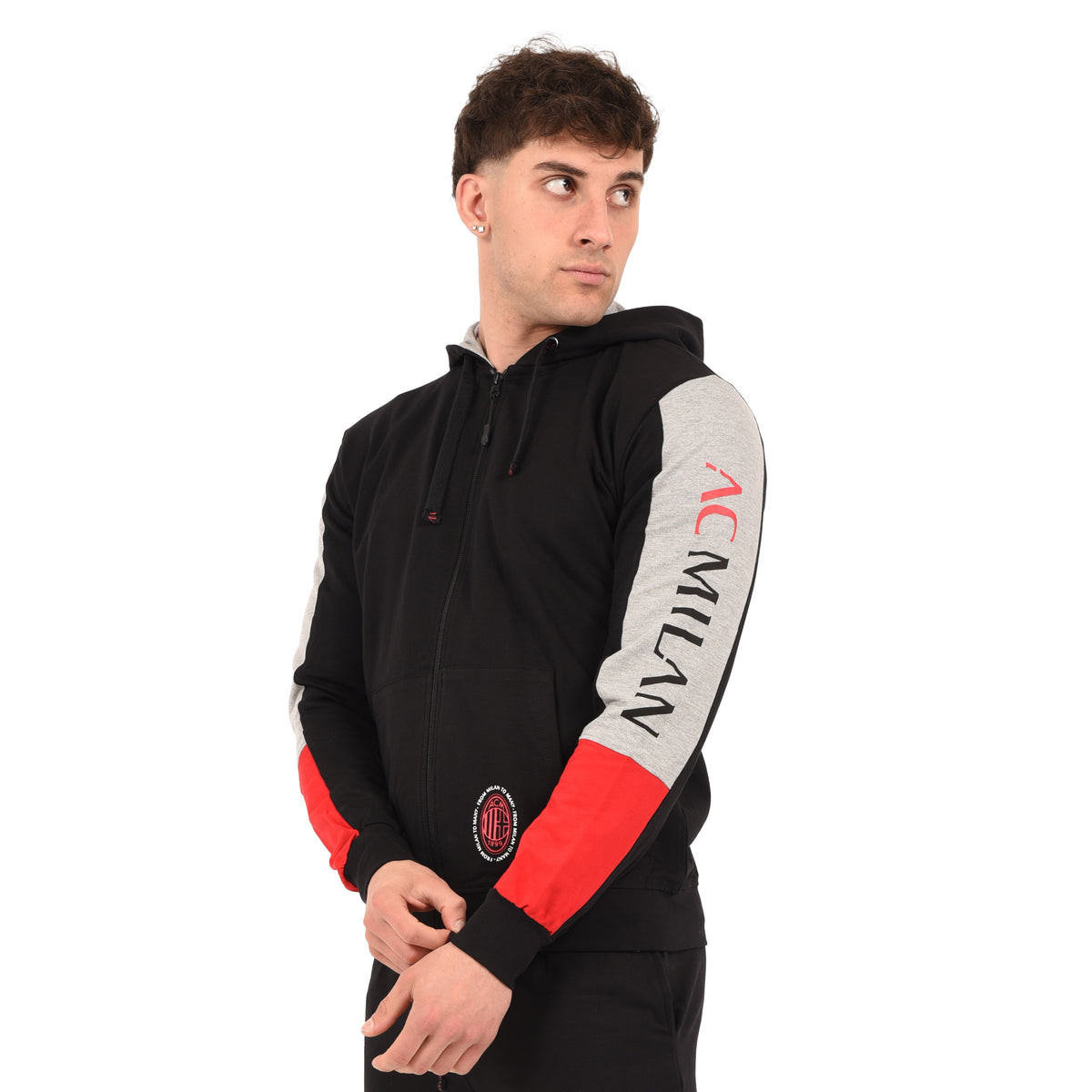 Felpa leggera con cappuccio Ufficiale AC MILAN cotone nero, grigio melange