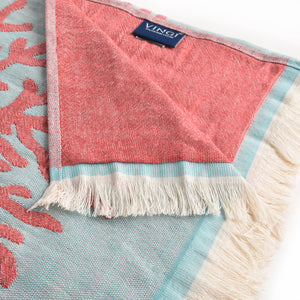 Telo mare Vingi spugna "Portofino" double face turchese e corallo con frange 100% cotone