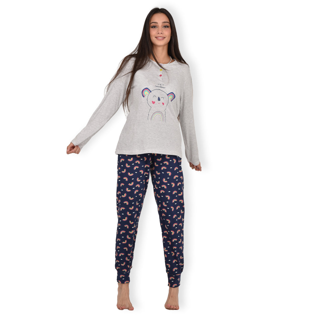 Pigiama donna cotone Infiore 1221 arcobaleno grigio melange blu
