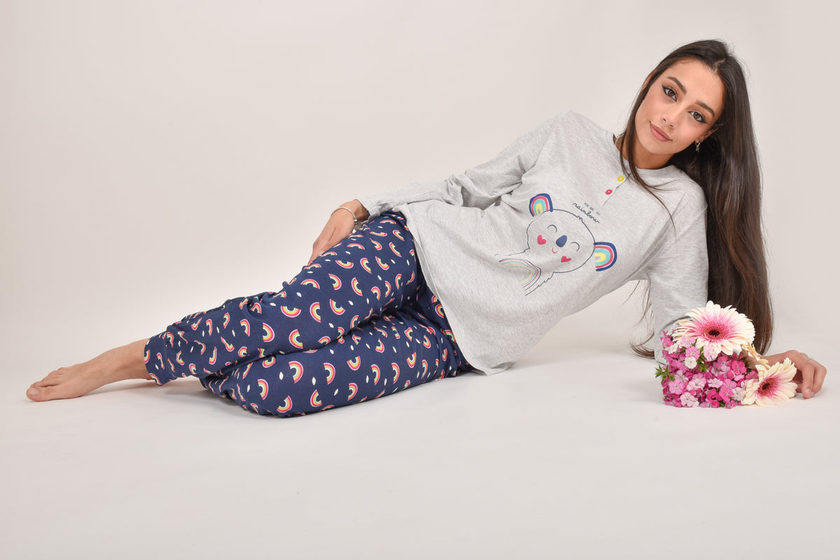 Pigiama donna cotone Infiore 1221 arcobaleno grigio melange blu