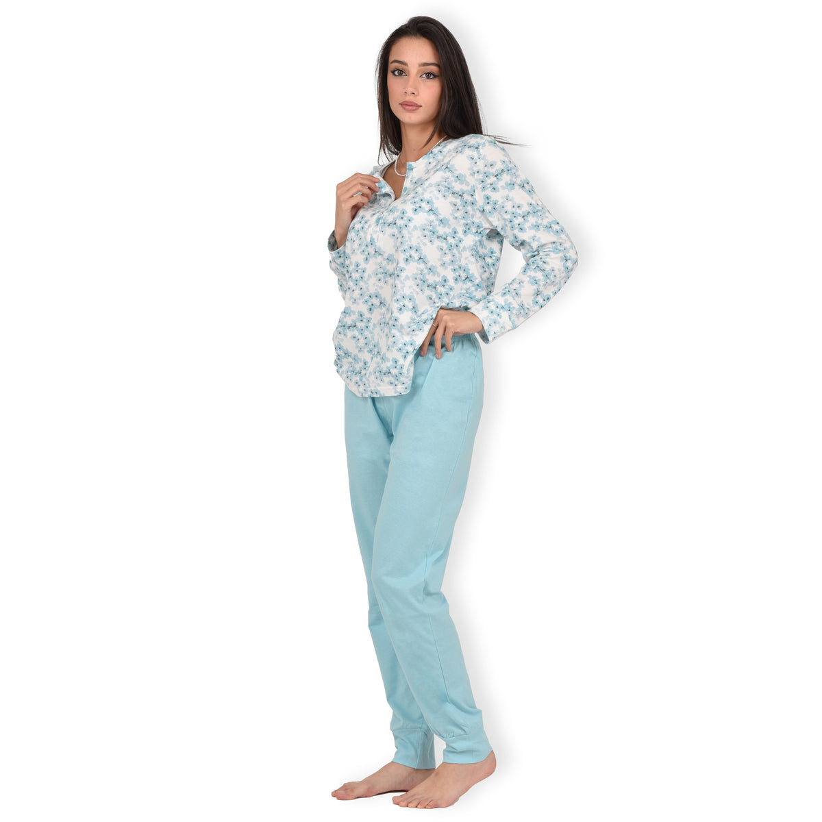 Pigiama donna cotone 100% Infiore 1278 fiori verde tiffany