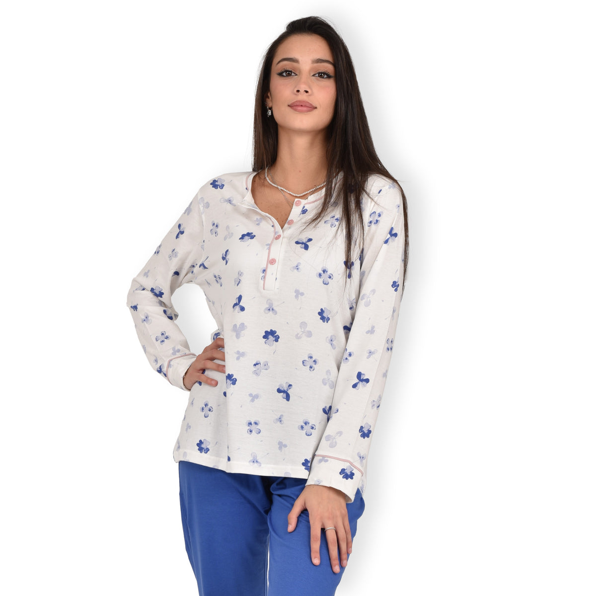 Pigiama donna cotone 100% Infiore 1264 fiori panna blu