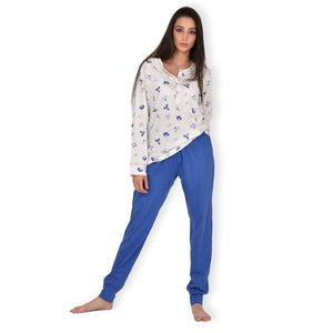 Pigiama donna cotone 100% Infiore 1264 fiori panna blu