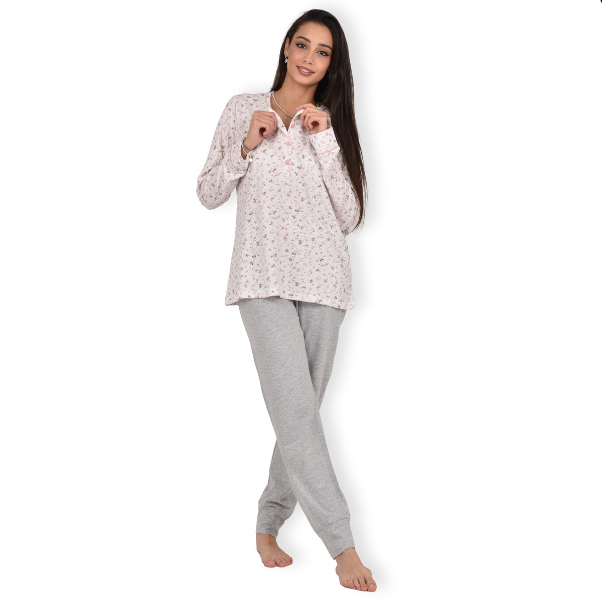 Pigiama donna cotone Infiore 1269 pois fiori panna grigio melange