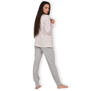 Pigiama donna cotone Infiore 1269 pois fiori panna grigio melange