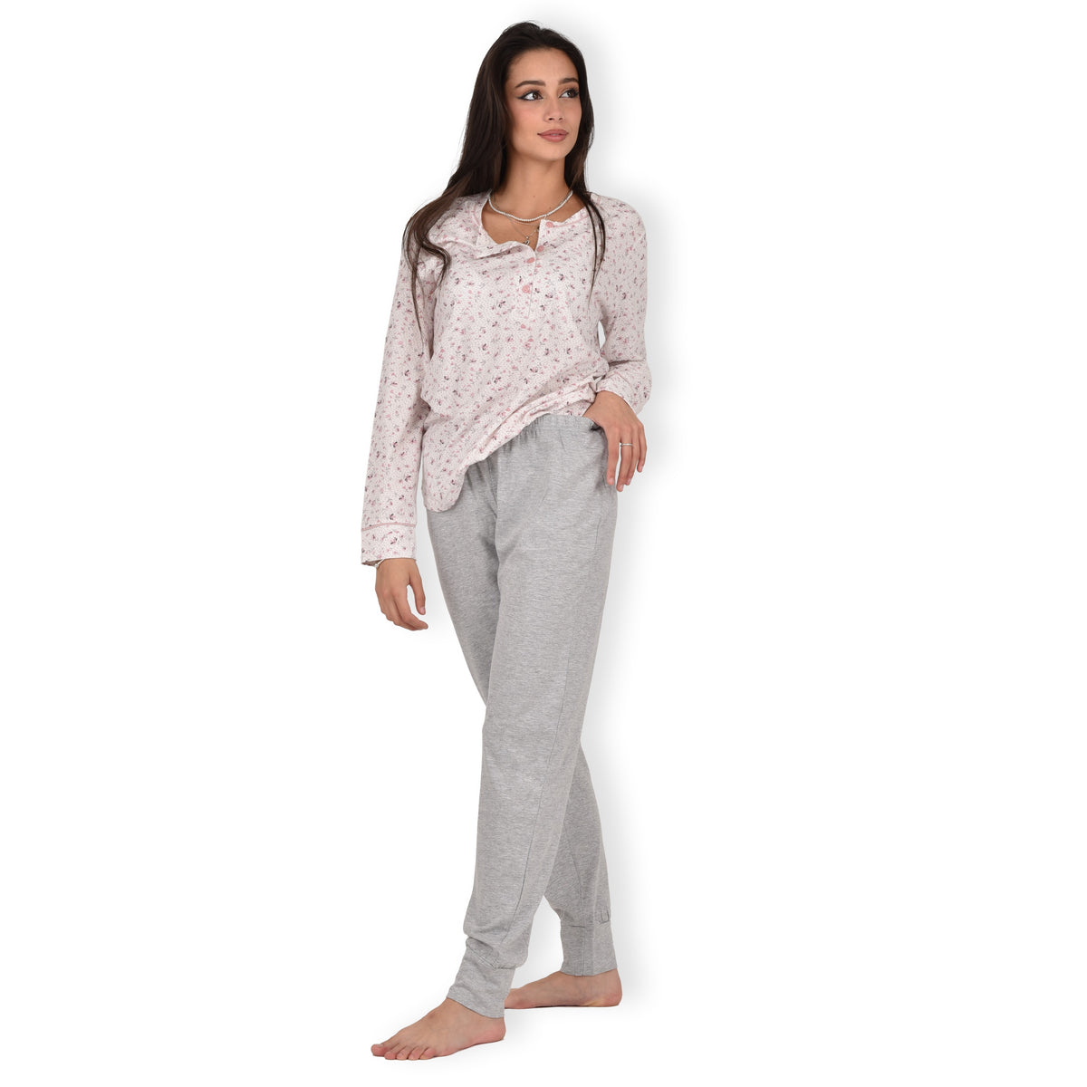 Pigiama donna cotone Infiore 1269 pois fiori panna grigio melange