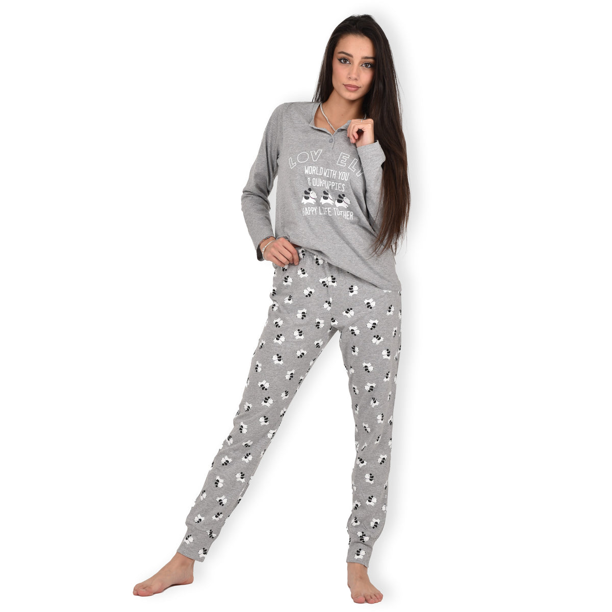 Pigiama donna cotone Infiore 1234 cagnolini grigio melange