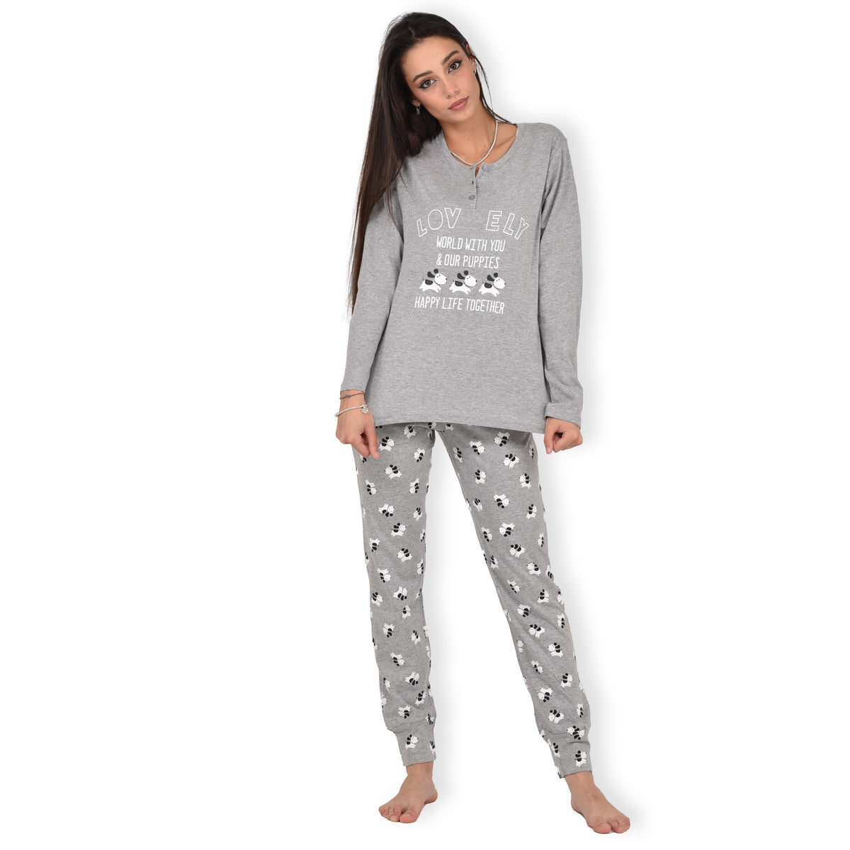 Pigiama donna cotone Infiore 1234 cagnolini grigio melange