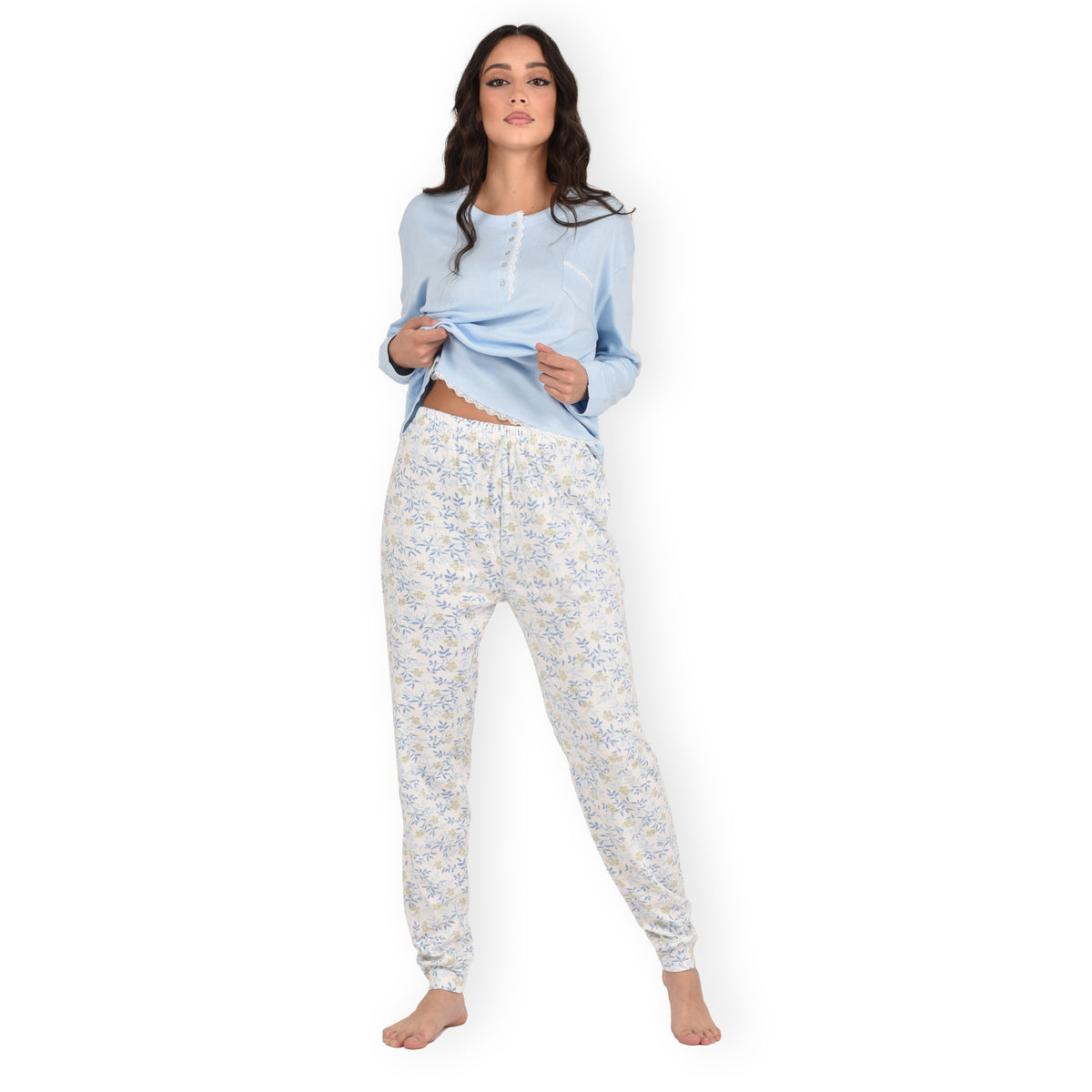 Pigiama donna Cippi 2220 caldo cotone fiori classico celeste