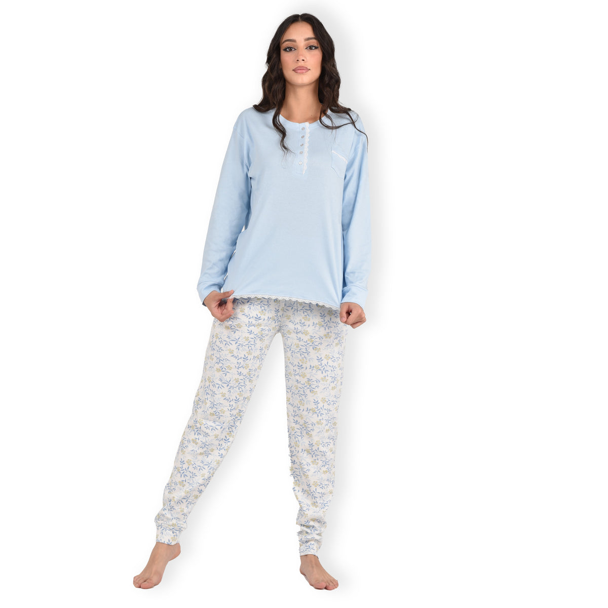 Pigiama donna Cippi 2220 caldo cotone fiori classico celeste