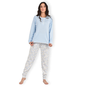 Pigiama donna Cippi 2220 caldo cotone fiori classico celeste
