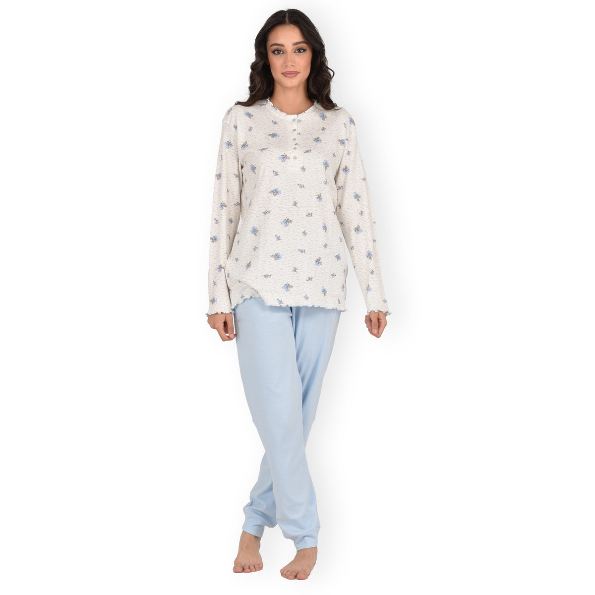Pigiama donna Cippi 2268 caldo cotone fiori classico celeste