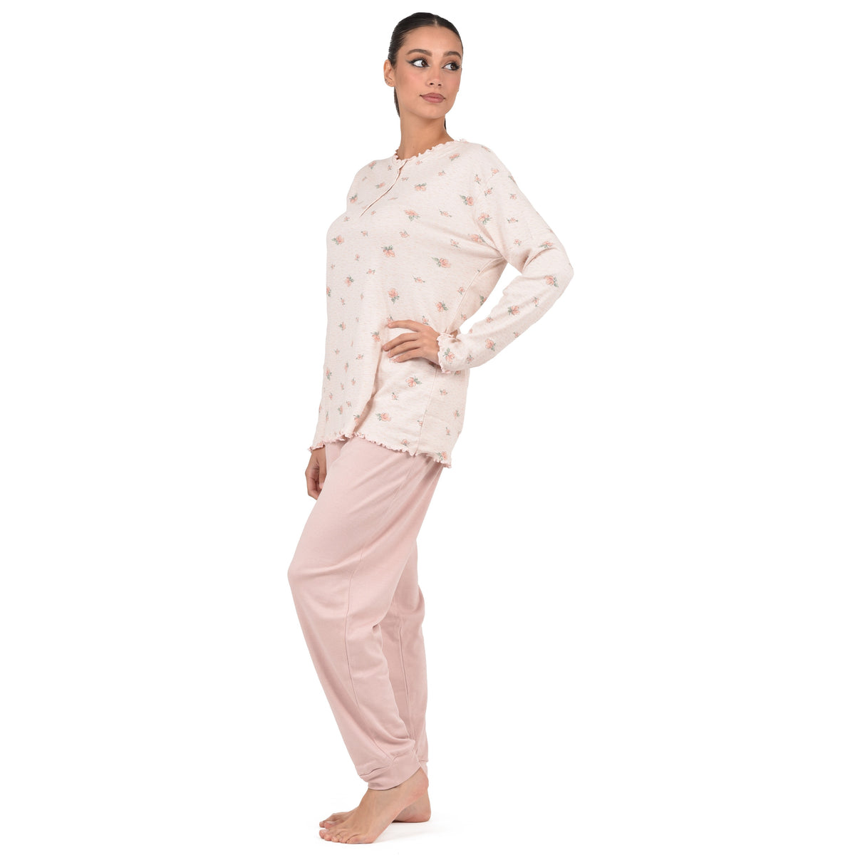 Pigiama donna Cippi 2268 caldo cotone fiori classico cipria