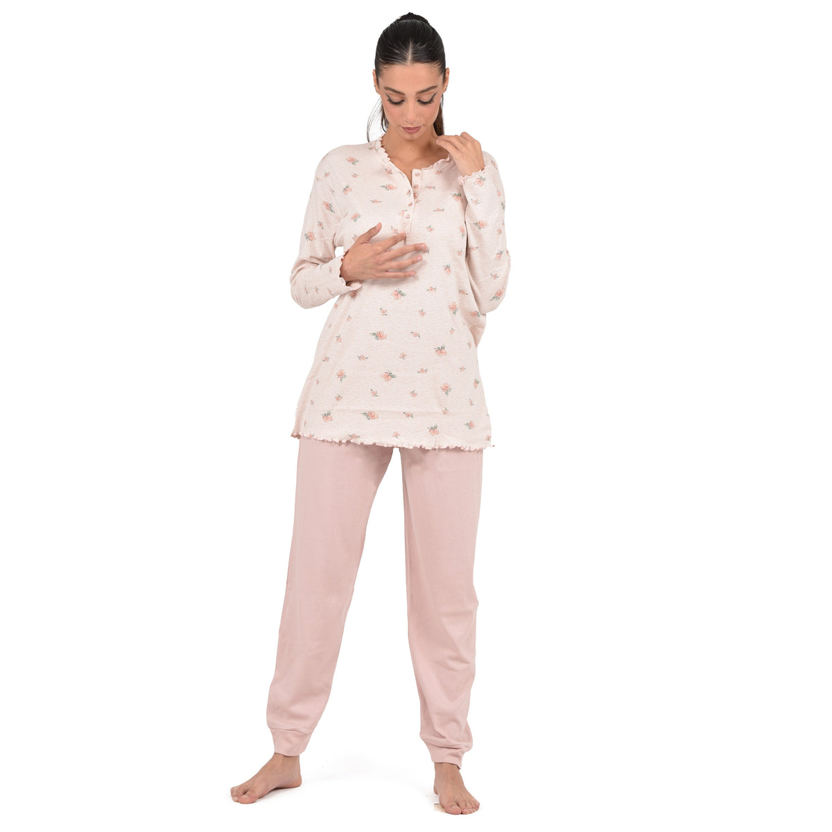 Pigiama donna Cippi 2268 caldo cotone fiori classico cipria
