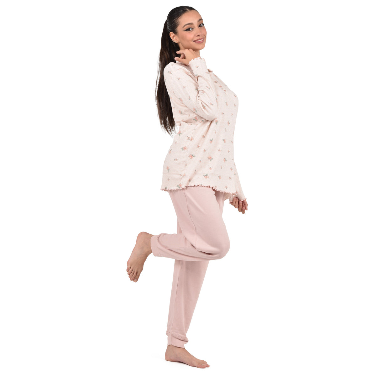 Pigiama donna Cippi 2268 caldo cotone fiori classico cipria