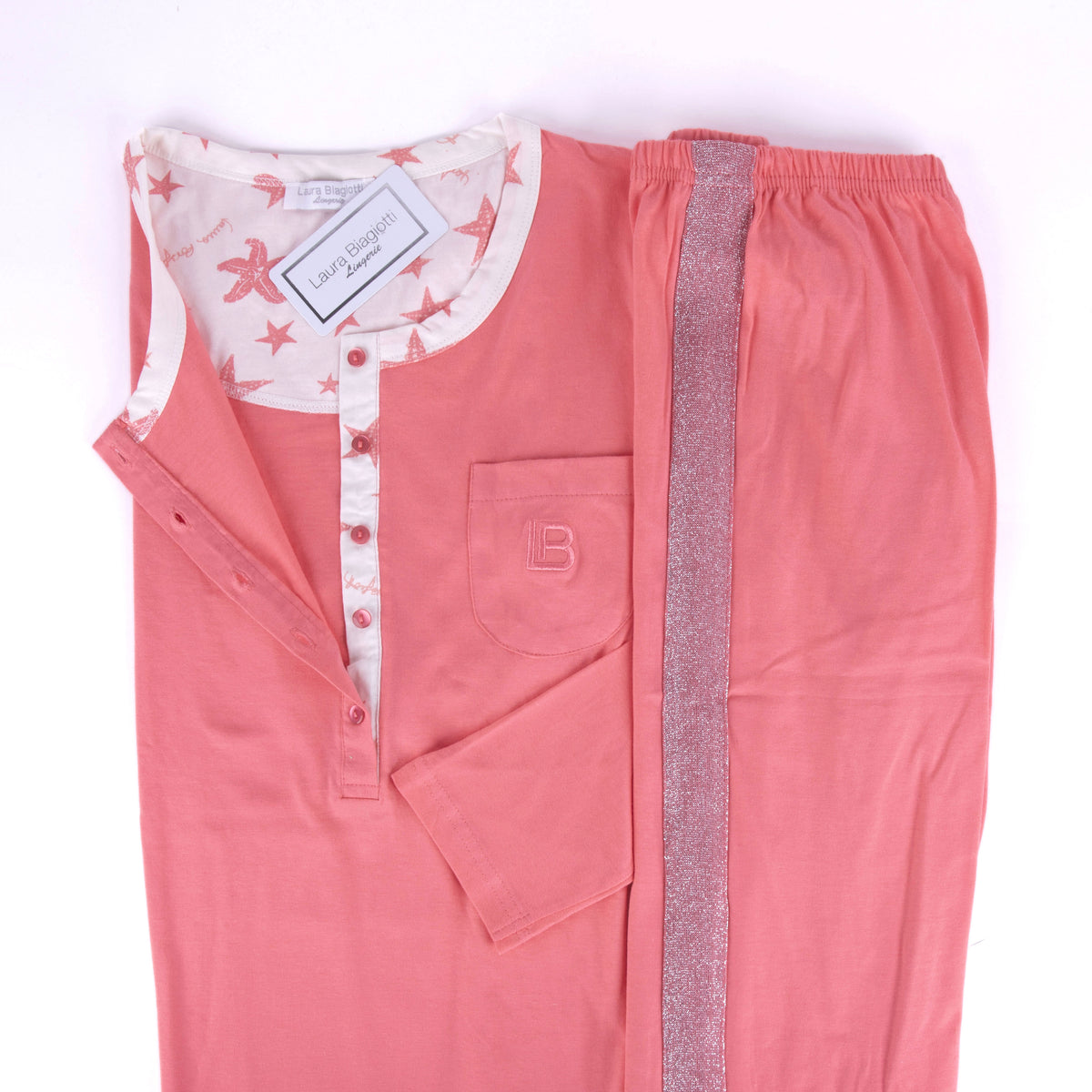 Pigiama donna Laura Biagiotti manica lunga cotone fascia lamè 96370 pesca