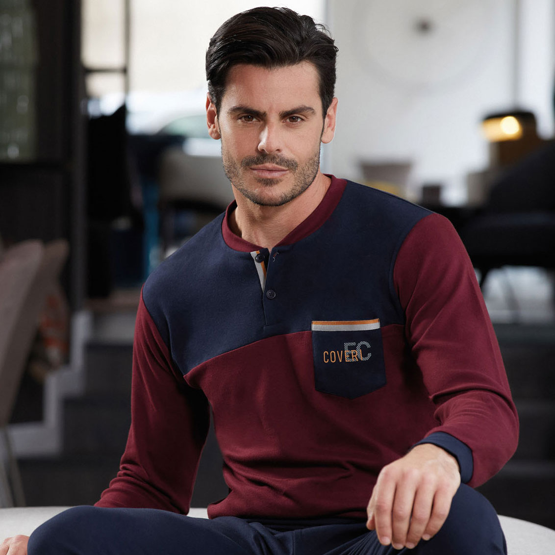 Pigiama uomo Enrico Coveri caldo cotone bordeaux blu 2054