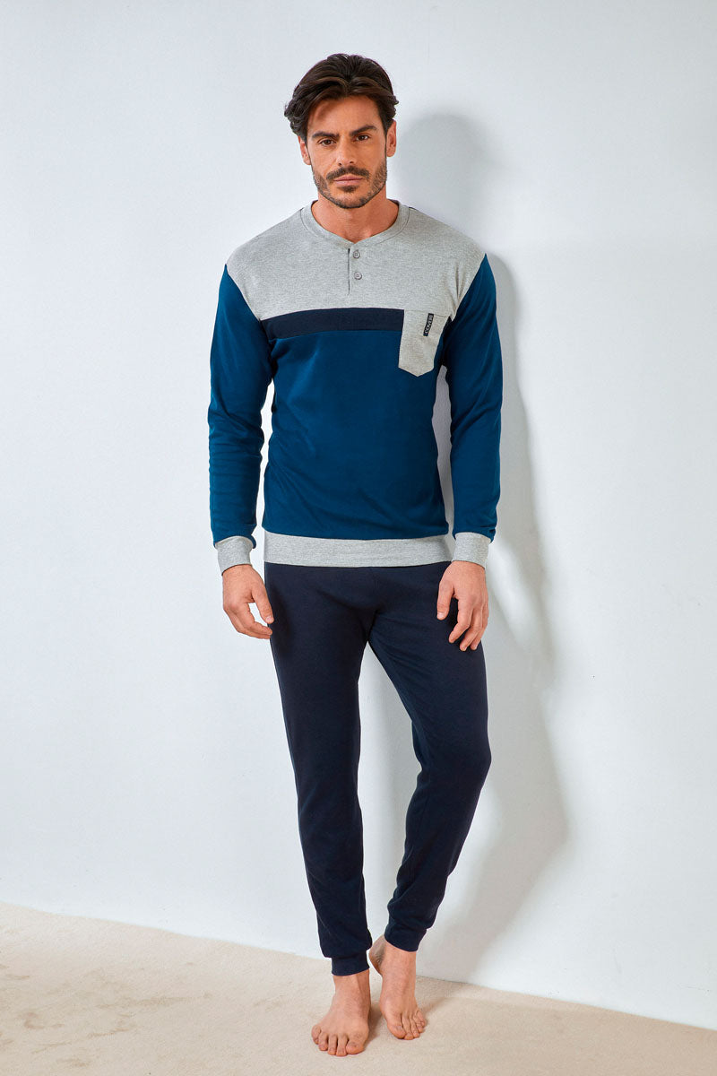Pigiama Enrico Coveri uomo caldo cotone cobalto grigio taschino EP2091