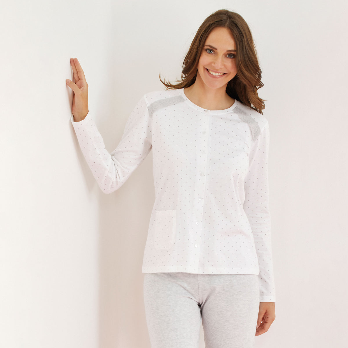 Pigiama donna Enrico Coveri ep5197 aperto cotone bianco grigio con pois