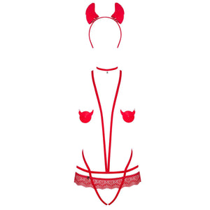 Sexy cotume diavoletto Obsessive Evilia Teddy cavallo aperto rosso 4 pz