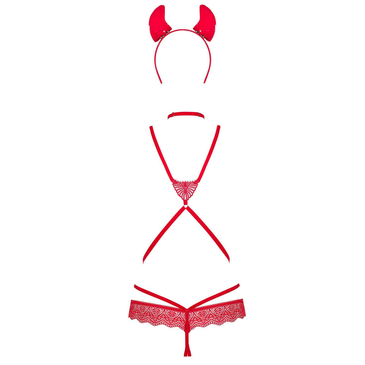 Sexy cotume diavoletto Obsessive Evilia Teddy cavallo aperto rosso 4 pz