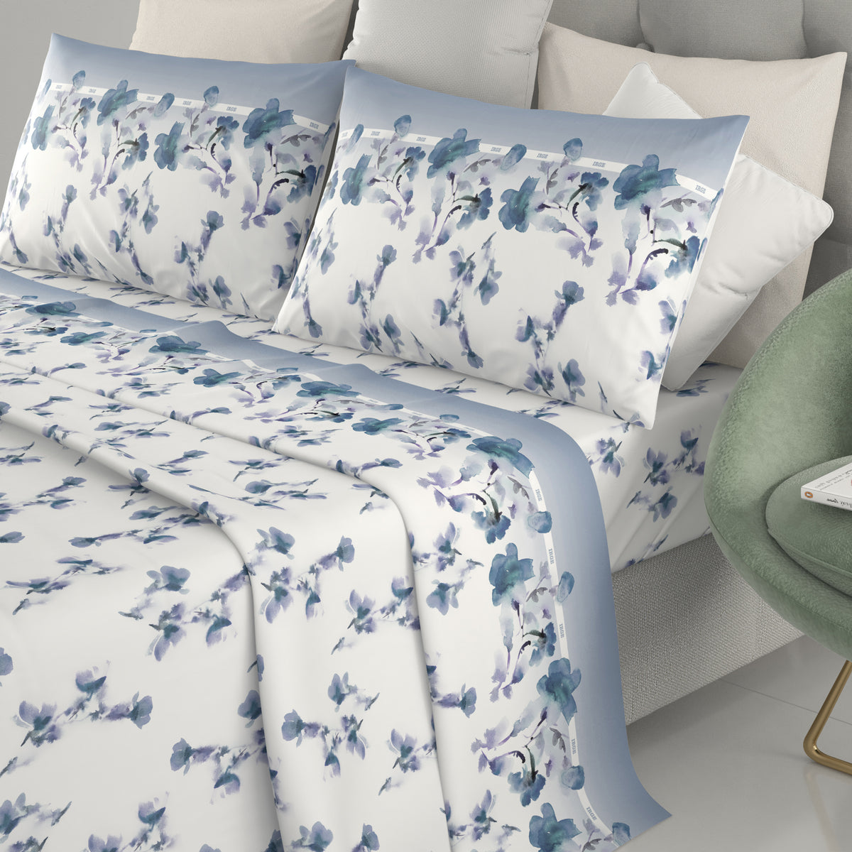 Completo letto 100% cotone Irge Ginevra fantasia Fiordaliso azzurro