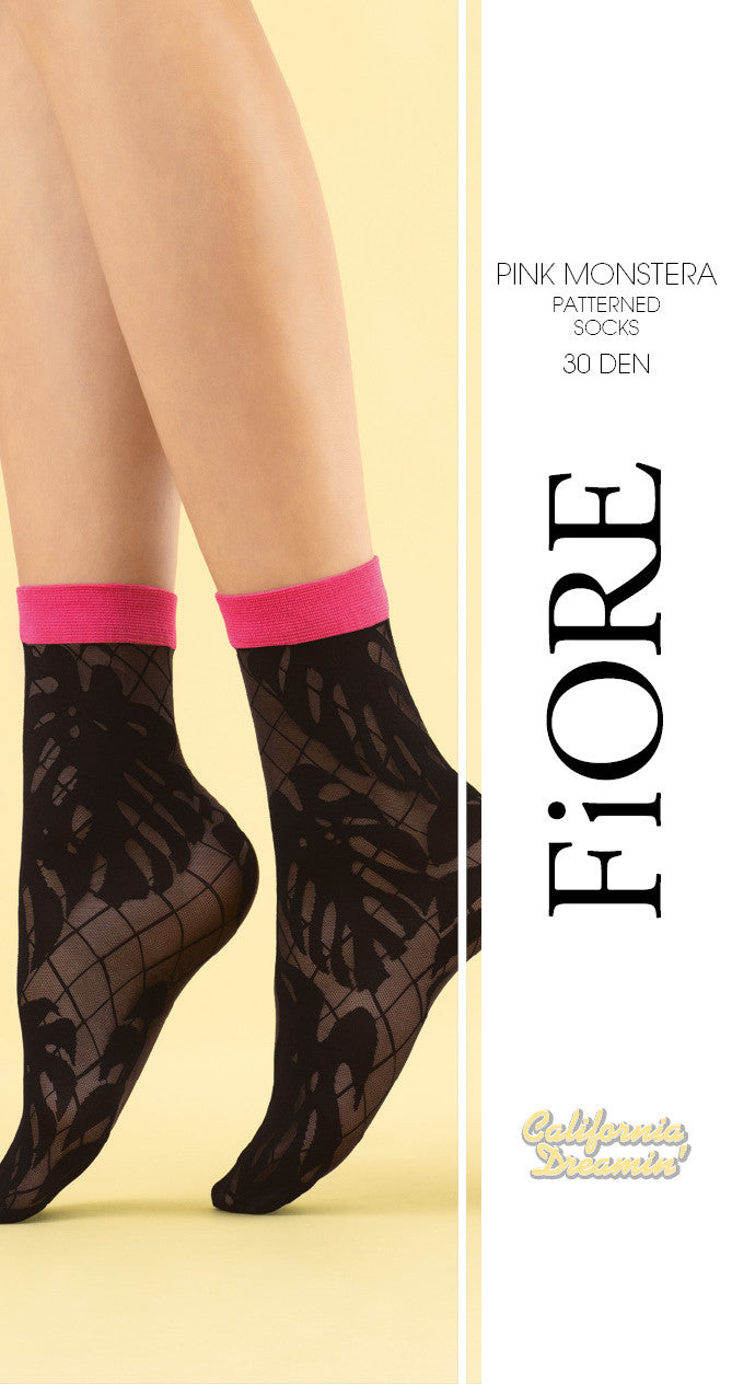 Calzino donna Fiore Pink Monstera 30 den foglie nero