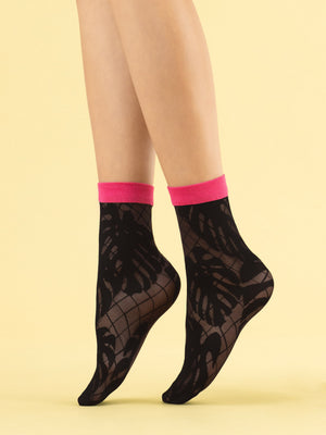 Calzino donna Fiore Pink Monstera 30 den foglie nero