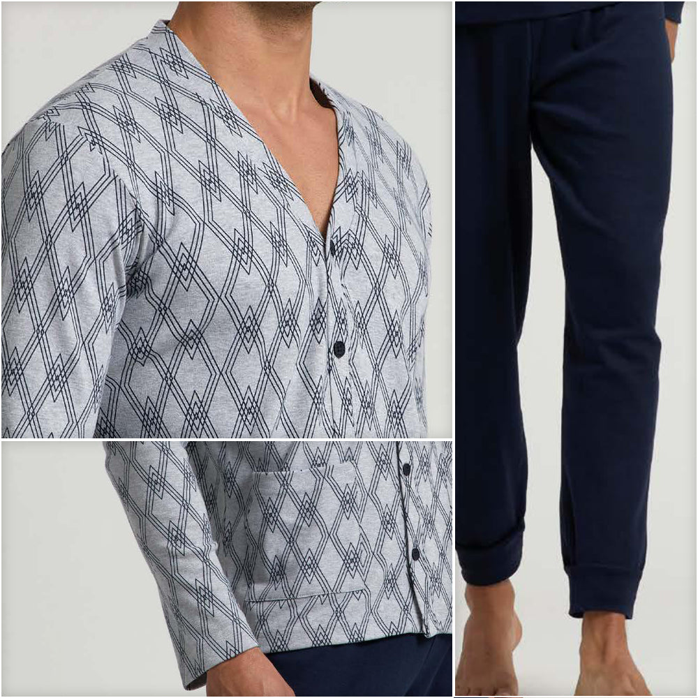 Pigiama uomo aperto collo pantalone dritto caldo cotone Il Granchio GP2058/A