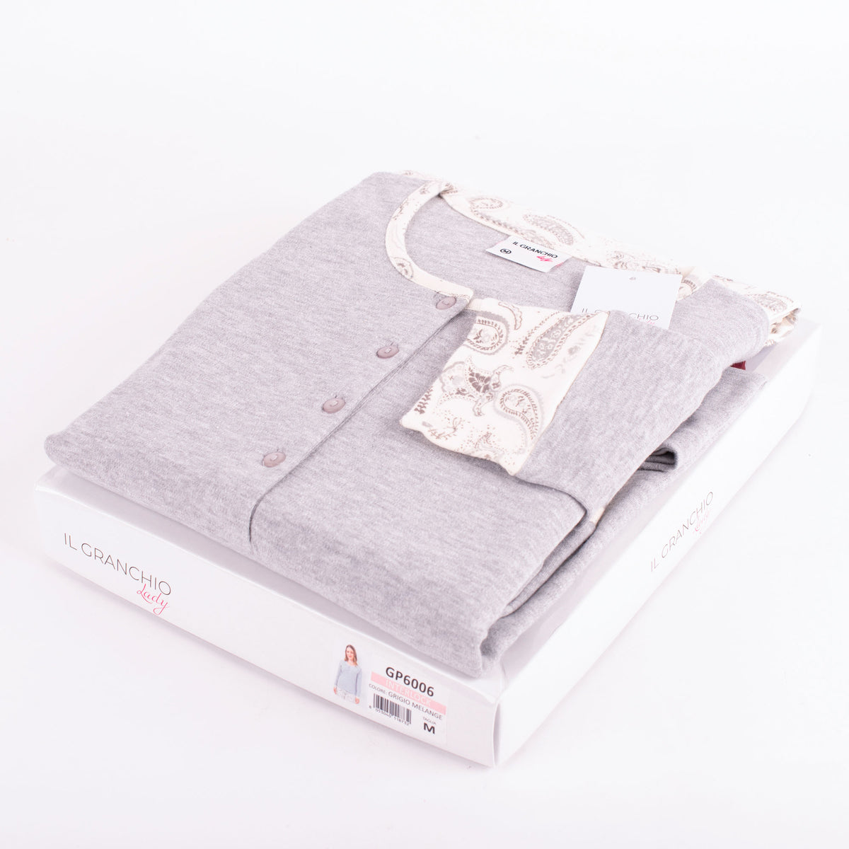 Pigiama donna caldo cotone grigio panna fantasia Il Granchio GP6006