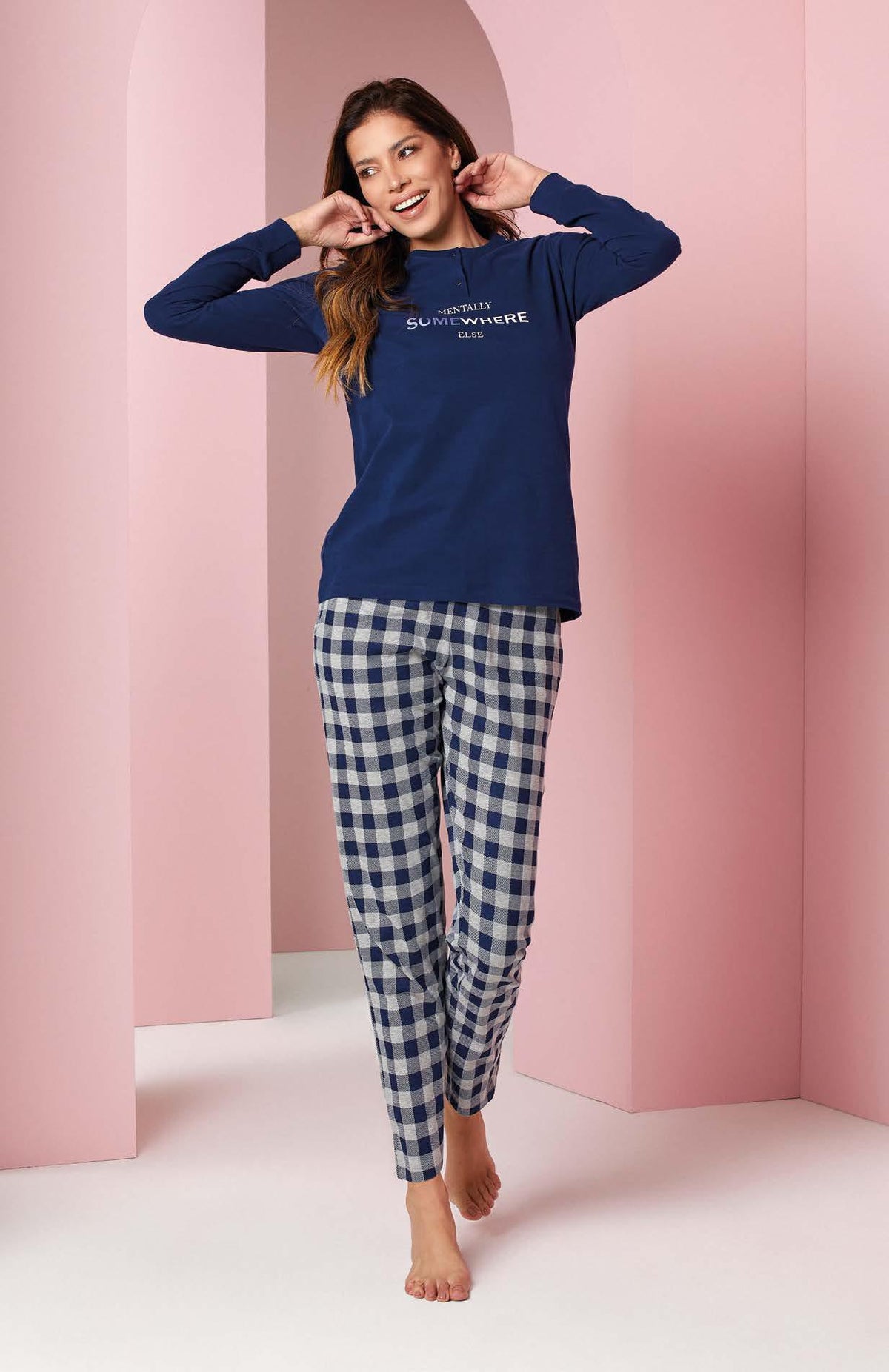 Pigiama caldo cotone donna serafino pantalone quadri vichy Jadea 5182