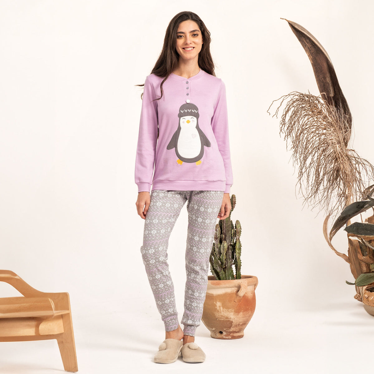 Pigiama donna con tenero pinguino in caldo cotone Kissimo Bianacaluna 24D90005