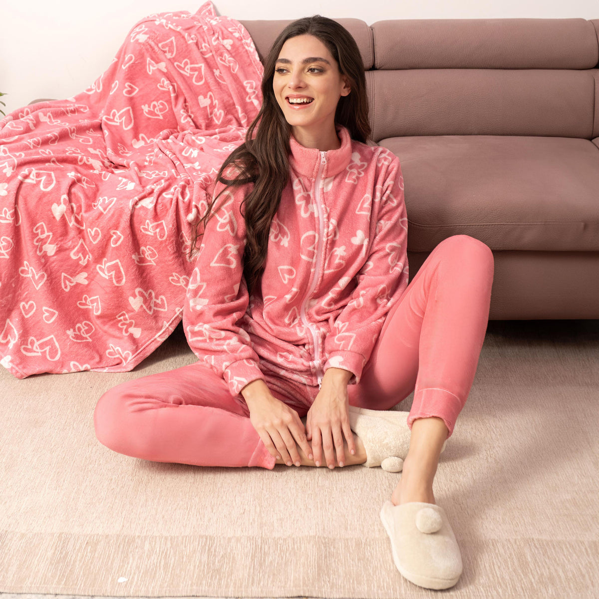 Pigiama Donna in caldo coral con cuoricini Biancaluna 24D93008