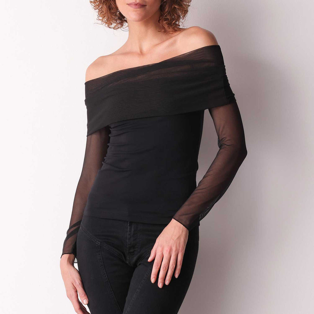 Maglia donna scollo drappeggiato in tulle e cotone Cotonella ADD18