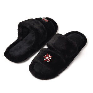 Pantofole ecopelliccia con gioiello nere aperte Preziosa 0084