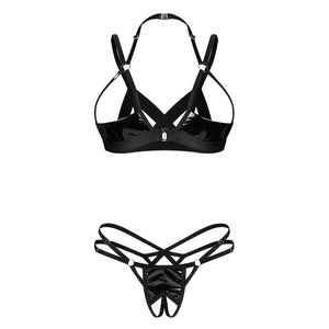Set sexy effetto latex reggiseno aperto perizoma cavallo aperto Obsessive Keira Lise