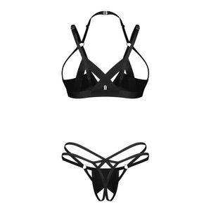 Set sexy effetto latex reggiseno aperto perizoma cavallo aperto Obsessive Keira Lise