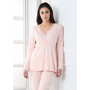 Pigiama donna Biancaluna D2100 caldo cotone cipria con pizzo