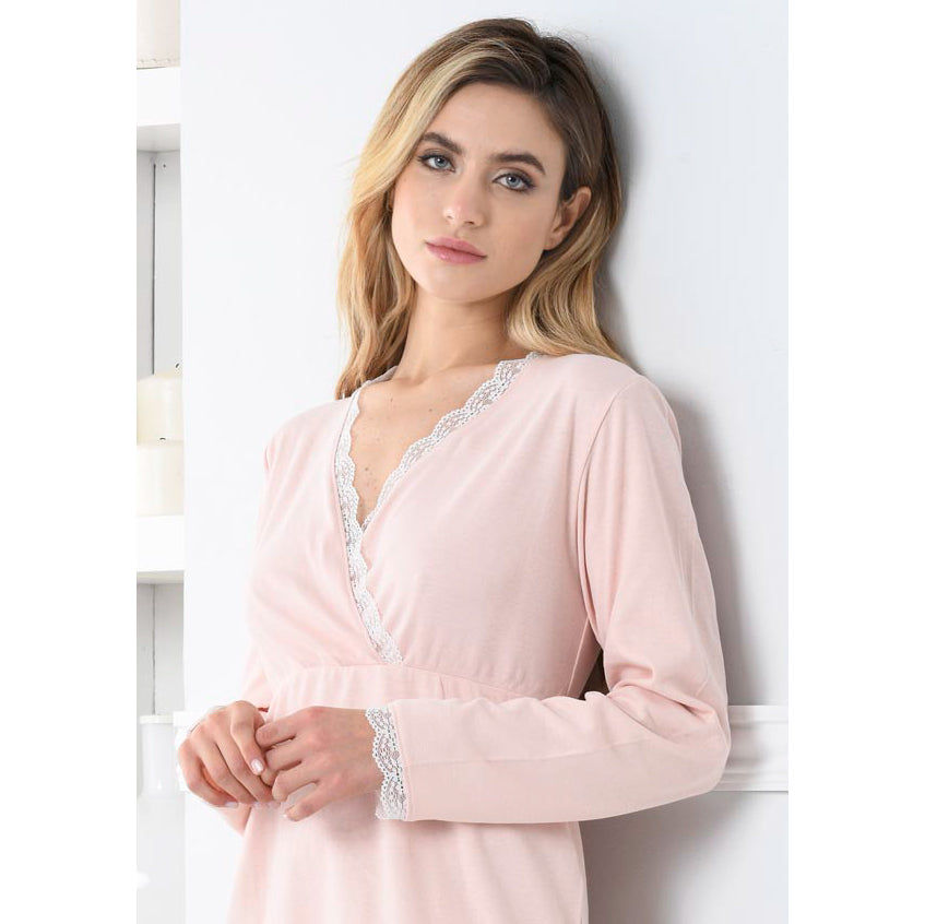 Pigiama donna Biancaluna D2100 caldo cotone cipria con pizzo
