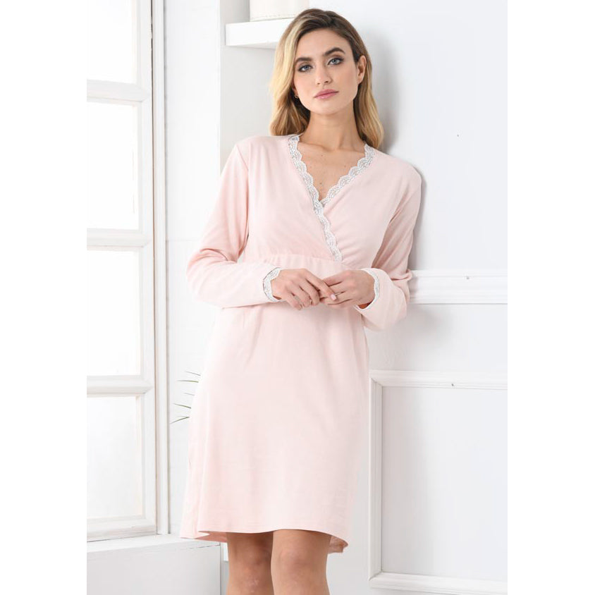 Abito camicia da notte caldo cotone cipria inserti pizzo Biancaluna D2101