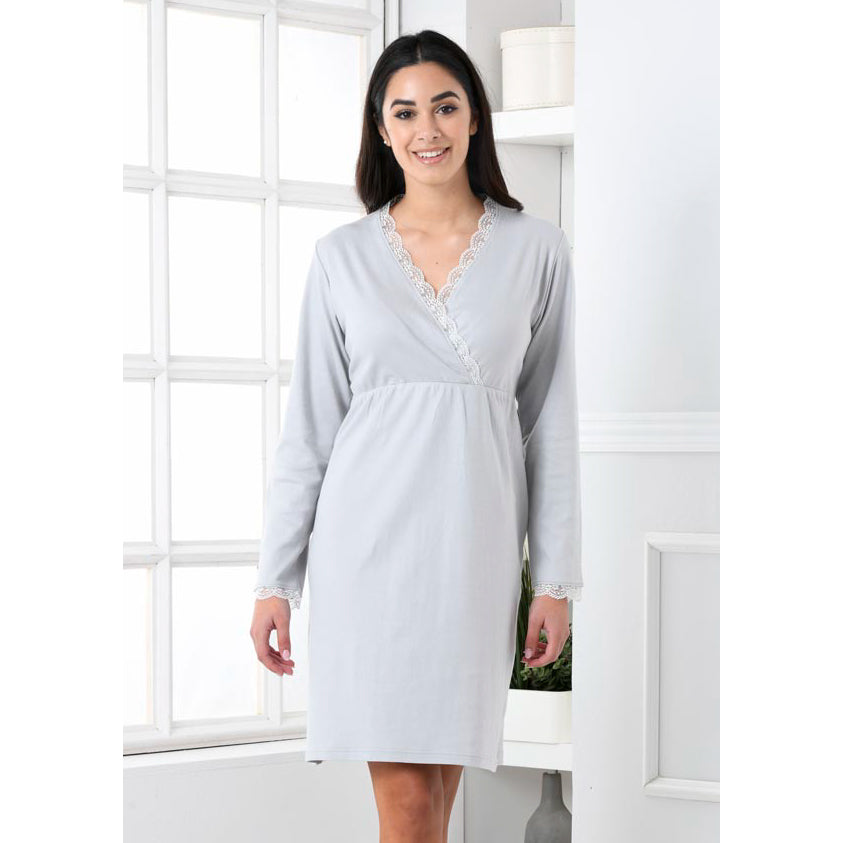 Abito camicia da notte caldo cotone perla inserti pizzo Biancaluna D2101