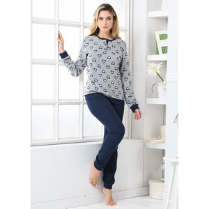 Pigiama donna punto milano invernale blu cuori Biancaluna D2533