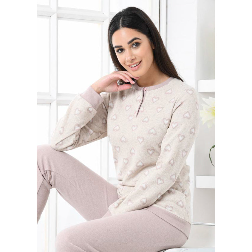 Pigiama donna punto milano invernale cacao cuori Biancaluna D2533