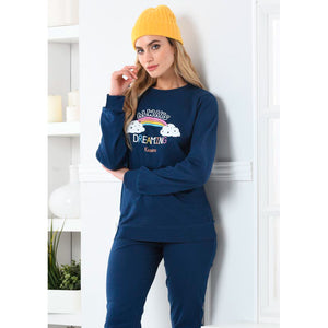 Pigiama donna caldo cotone blu arcobaleno Biancaluna D3001